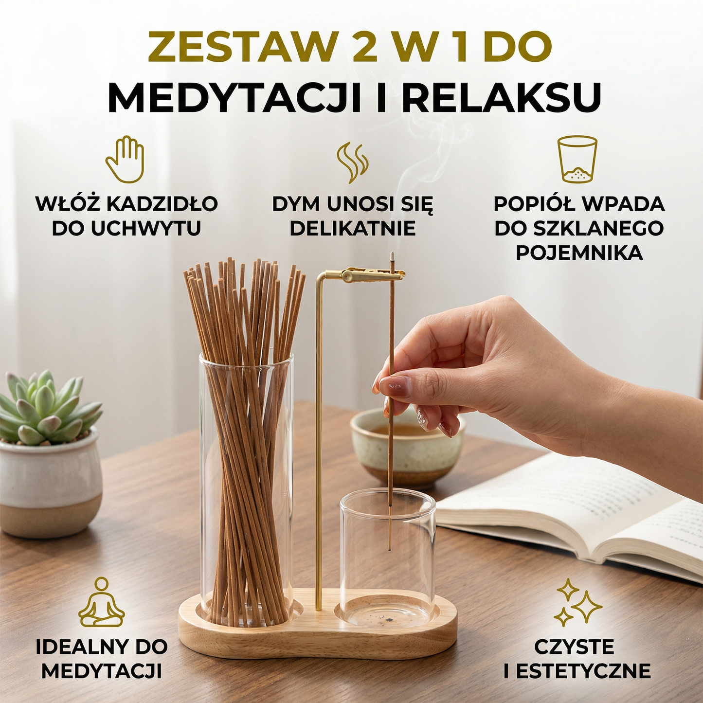 Zestaw 2 w 1 na kadzidła do medytacji i relaksu ze szklanym pojemnikiem na popiół