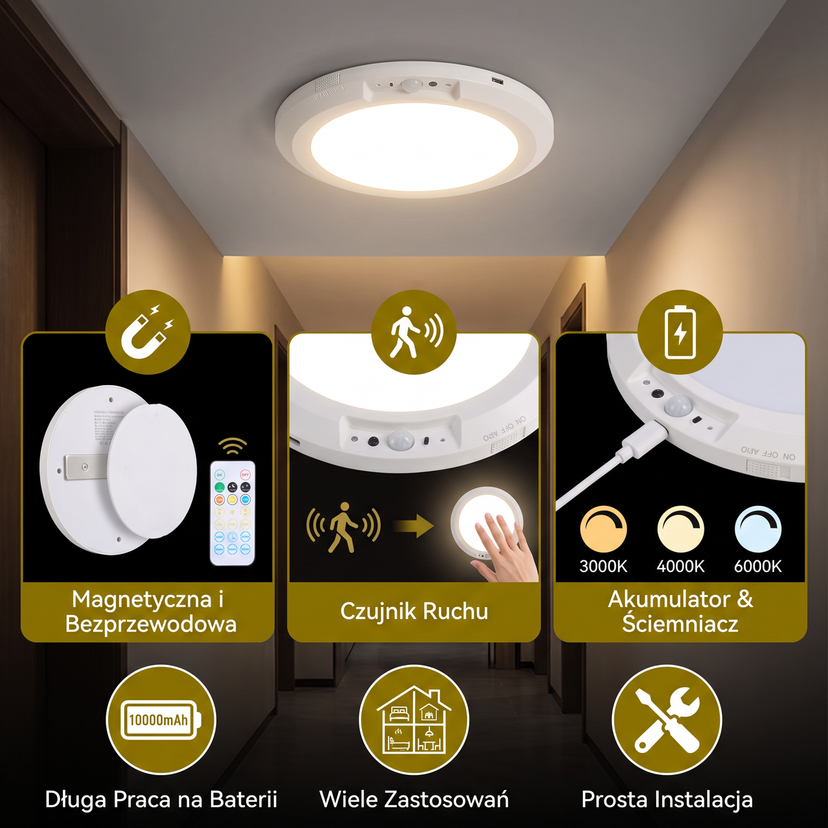 Ściemnialna Akumulatorowa Lampa Sufitowa z Czujnikiem Ruchu – Magnetyczna i Bezprzewodowa