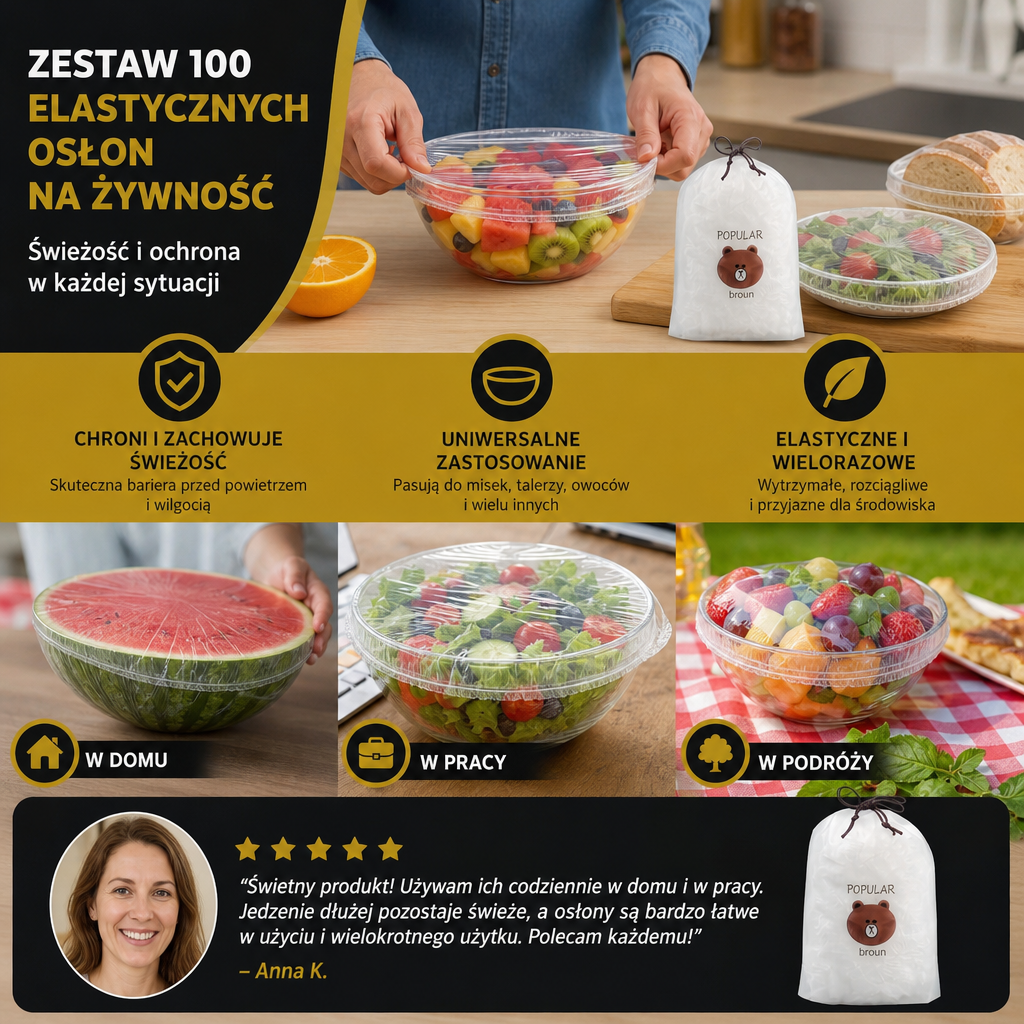 Zestaw 100 Elastycznych Osłon na Żywność – Rozciągliwe Pokrywki na Miski i Talerze