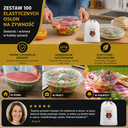 Zestaw 100 Elastycznych Osłon na Żywność – Rozciągliwe Pokrywki na Miski i Talerze