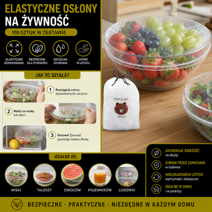 Zestaw 100 Elastycznych Osłon na Żywność – Rozciągliwe Pokrywki na Miski i Talerze