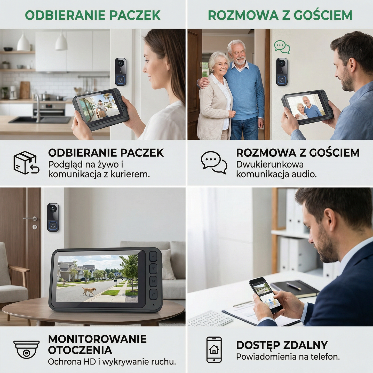 Bezprzewodowy inteligentny wideodomofon – ochrona HD z dwukierunkową komunikacją i powiadomieniami o ruchu