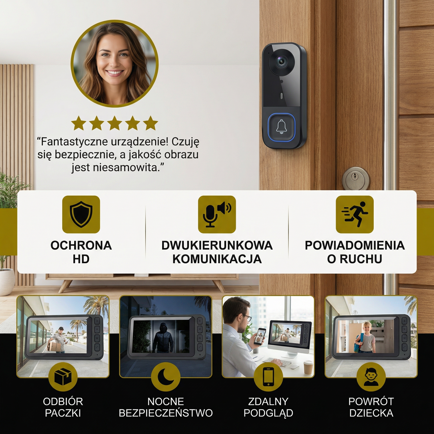 Bezprzewodowy inteligentny wideodomofon – ochrona HD z dwukierunkową komunikacją i powiadomieniami o ruchu