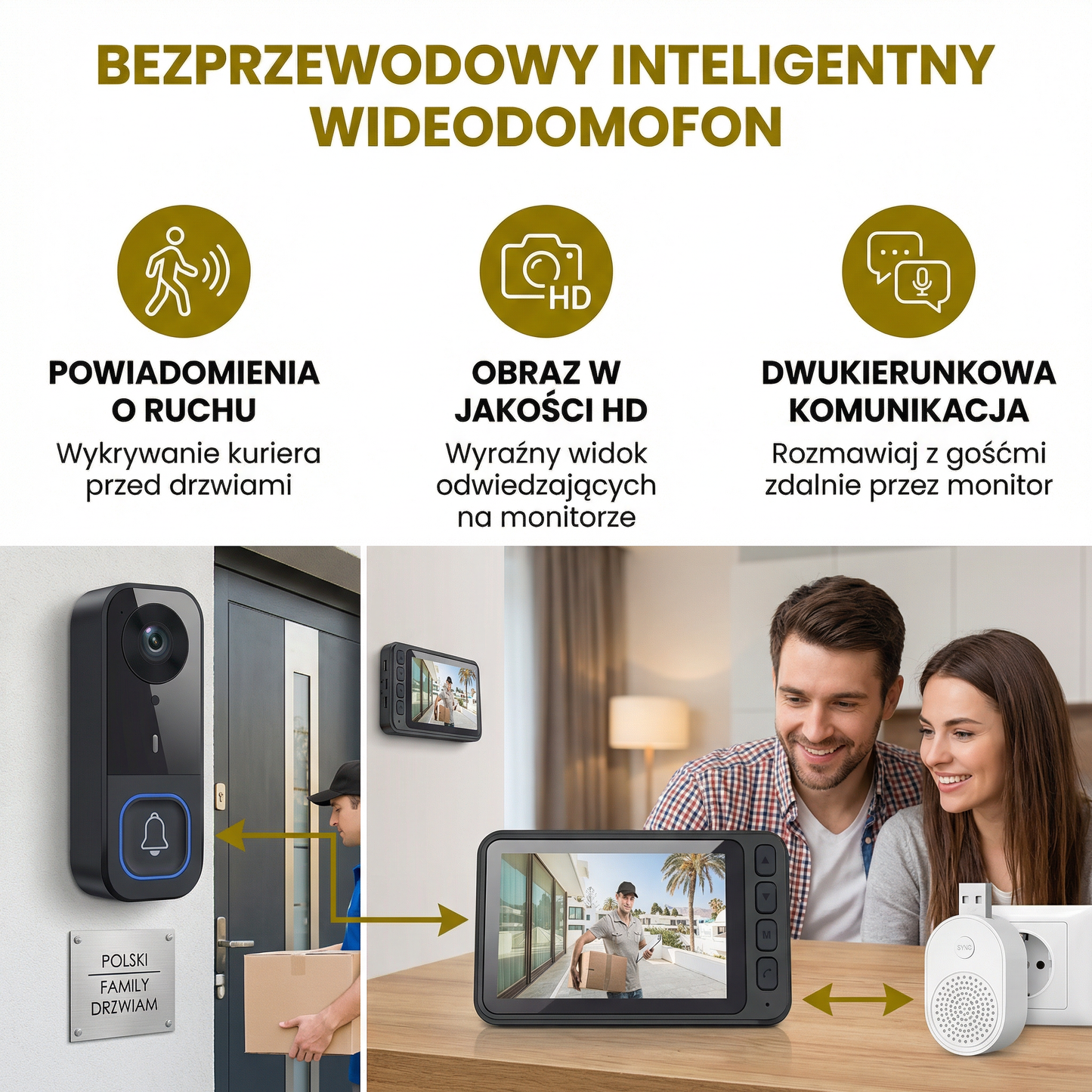Bezprzewodowy inteligentny wideodomofon – ochrona HD z dwukierunkową komunikacją i powiadomieniami o ruchu