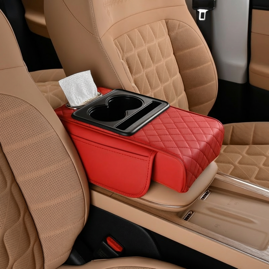 Wielofunkcyjny organizer na podłokietnik samochodowy z uchwytem na kubek i wbudowanym schowkiem