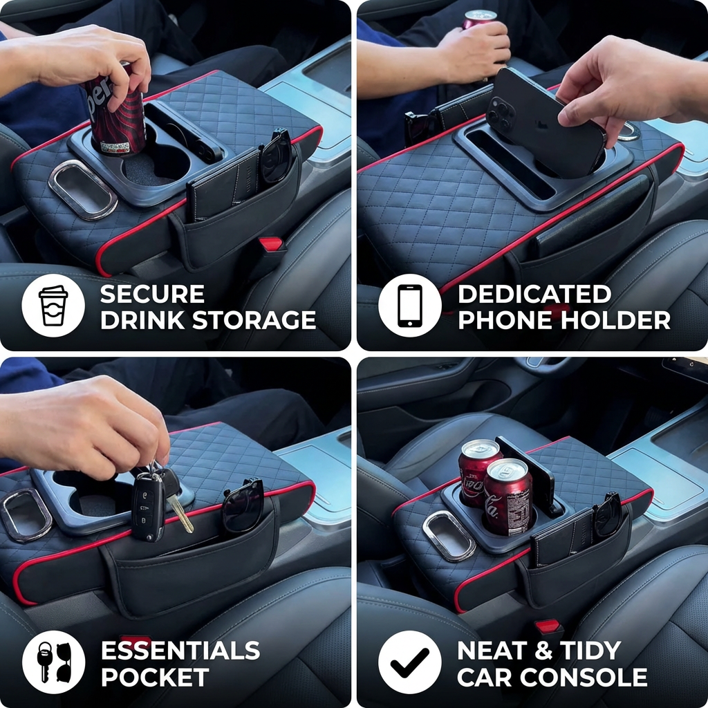 Wielofunkcyjny organizer na podłokietnik samochodowy z uchwytem na kubek i wbudowanym schowkiem