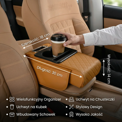Wielofunkcyjny organizer na podłokietnik samochodowy z uchwytem na kubek i wbudowanym schowkiem