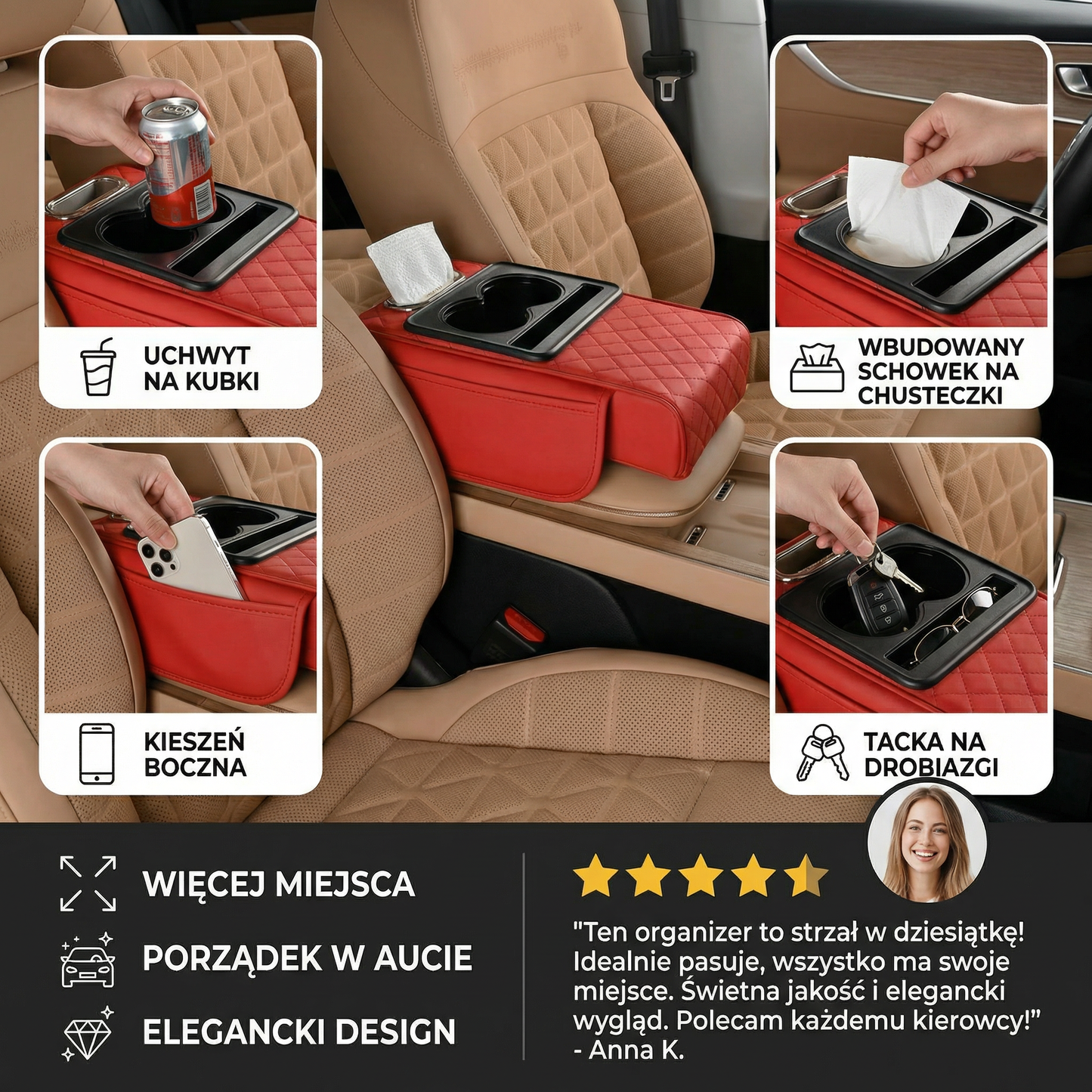 Wielofunkcyjny organizer na podłokietnik samochodowy z uchwytem na kubek i wbudowanym schowkiem
