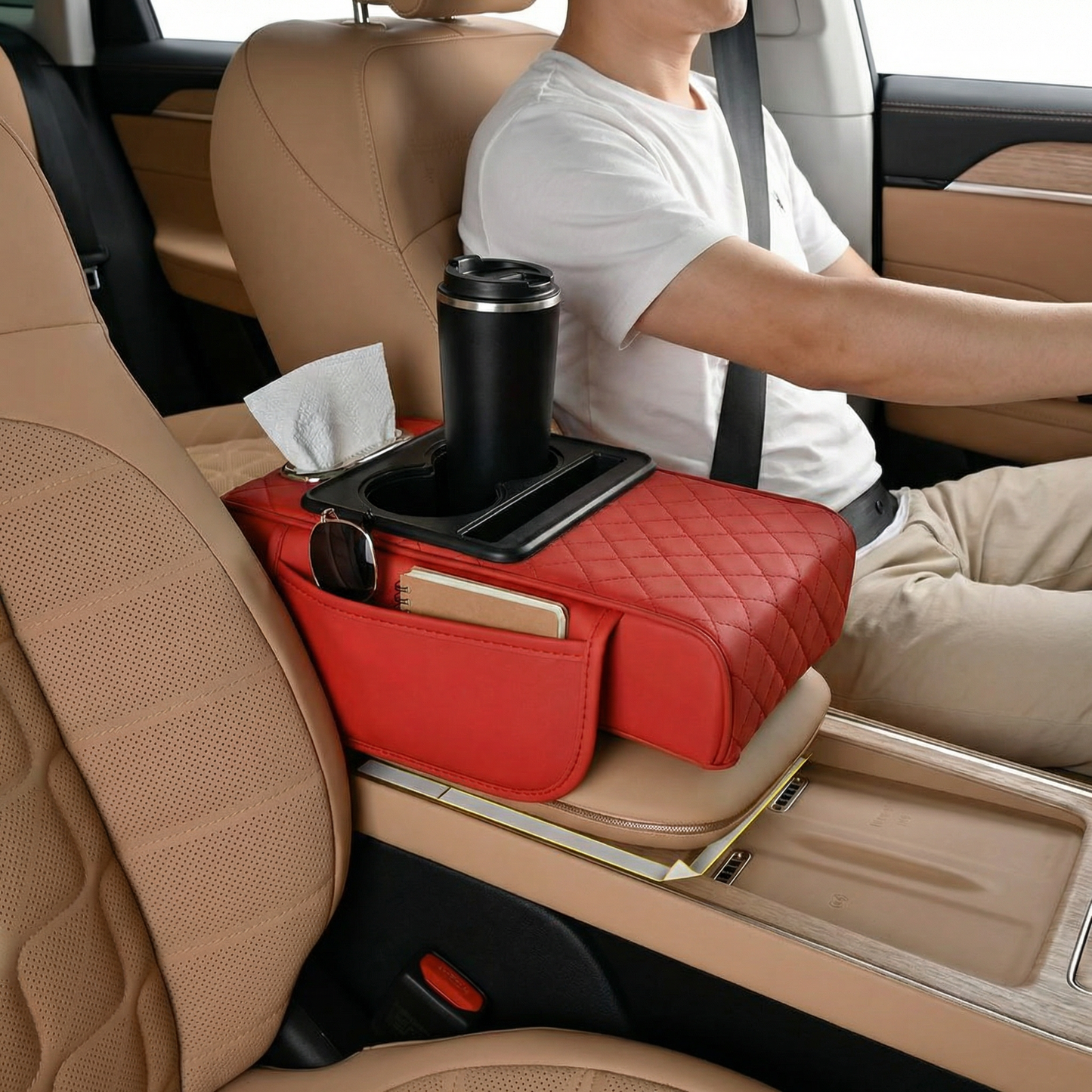 Wielofunkcyjny organizer na podłokietnik samochodowy z uchwytem na kubek i wbudowanym schowkiem