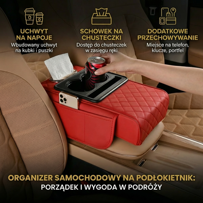 Wielofunkcyjny organizer na podłokietnik samochodowy z uchwytem na kubek i wbudowanym schowkiem