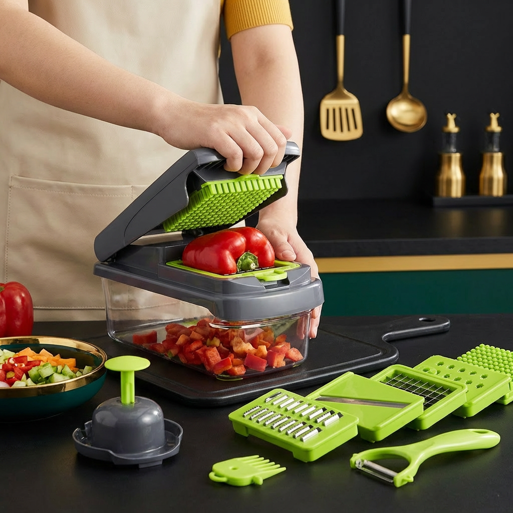 Wielofunkcyjna krajalnica do owoców i warzyw 15 w 1 – krojenie, siekanie i tarcie