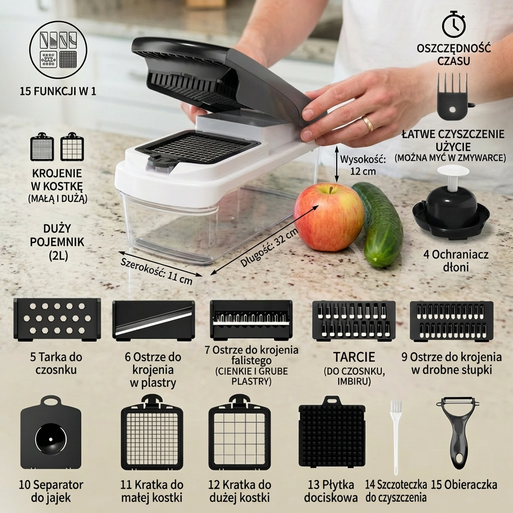 Wielofunkcyjna krajalnica do owoców i warzyw 15 w 1 – krojenie, siekanie i tarcie