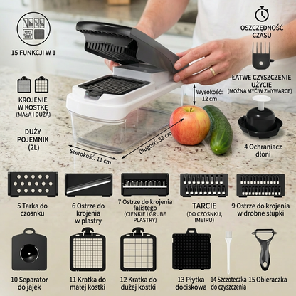 Wielofunkcyjna krajalnica do owoców i warzyw 15 w 1 – krojenie, siekanie i tarcie