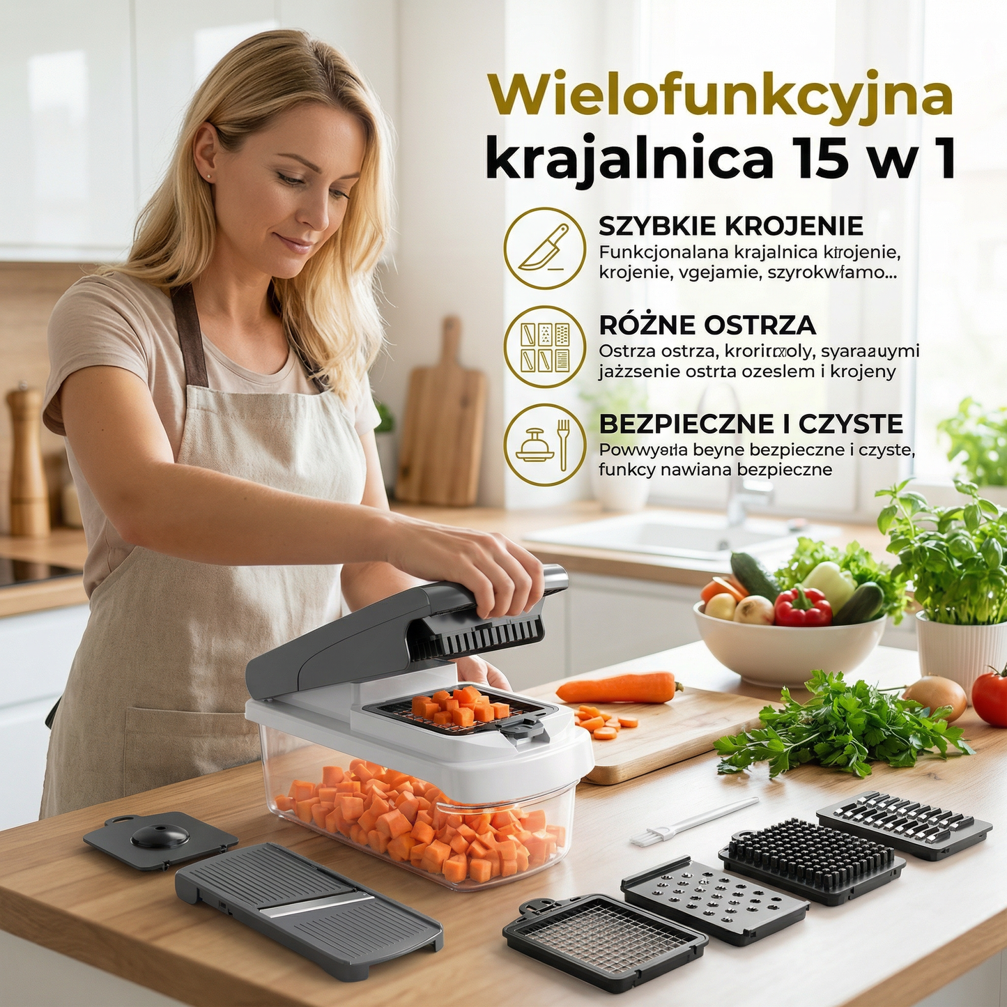 Wielofunkcyjna krajalnica do owoców i warzyw 15 w 1 – krojenie, siekanie i tarcie