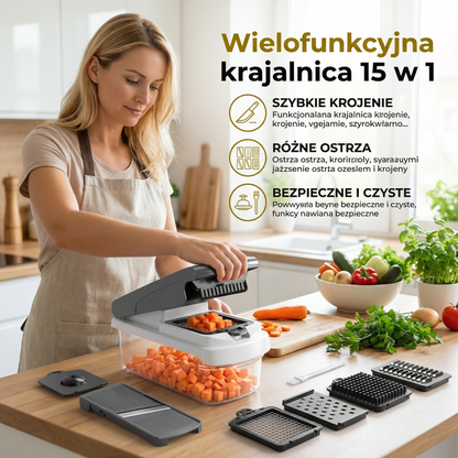 Wielofunkcyjna krajalnica do owoców i warzyw 15 w 1 – krojenie, siekanie i tarcie