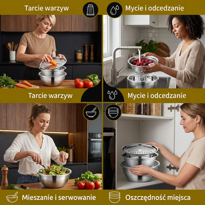 Krojenie Warzyw z Tarką – Wielofunkcyjne Sitko i Zestaw Misk