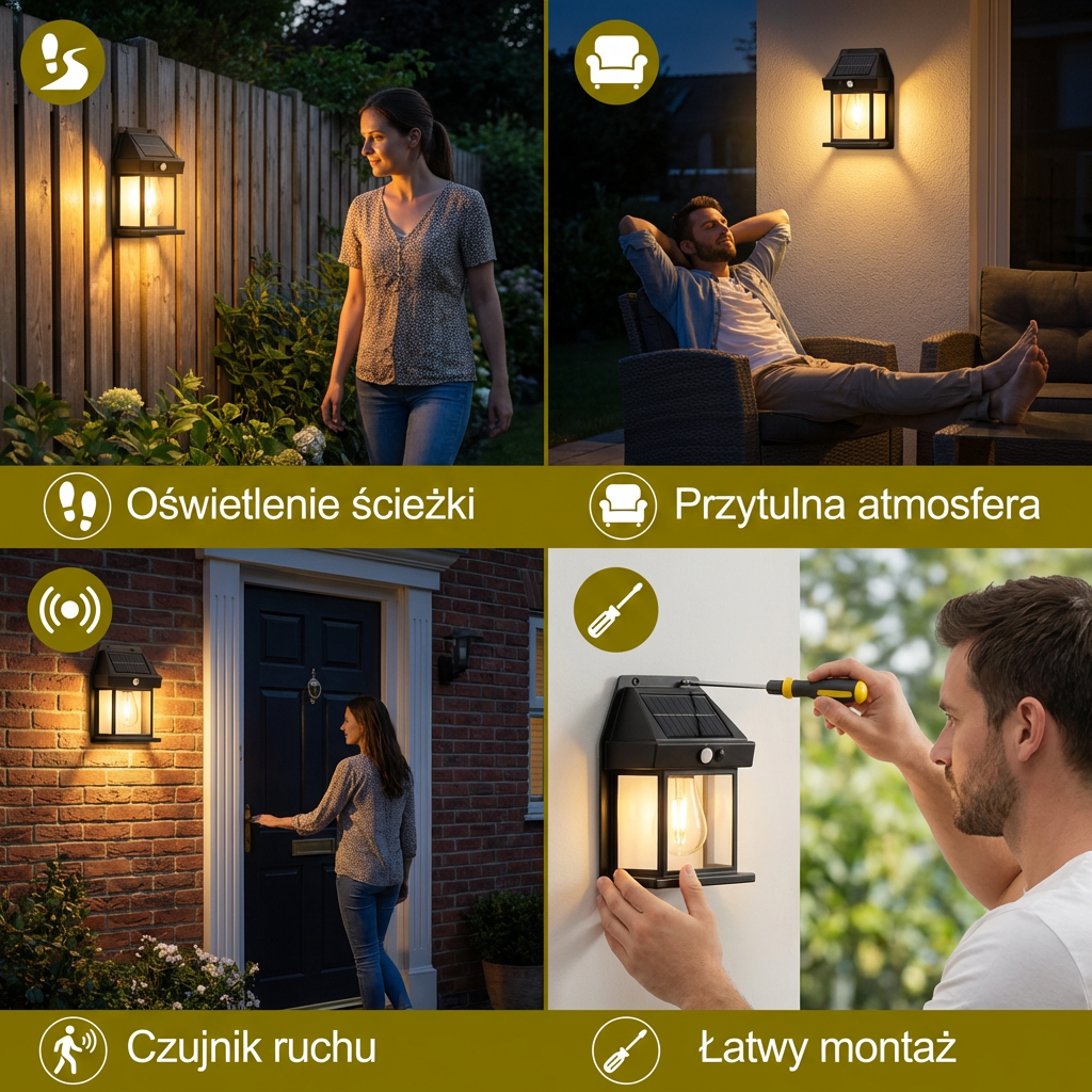 Solarna lampa ścienna LED – wodoodporna lampa zewnętrzna z czujnikiem światła do ogrodu, podwórka i ogrodzenia (2 sztuki)