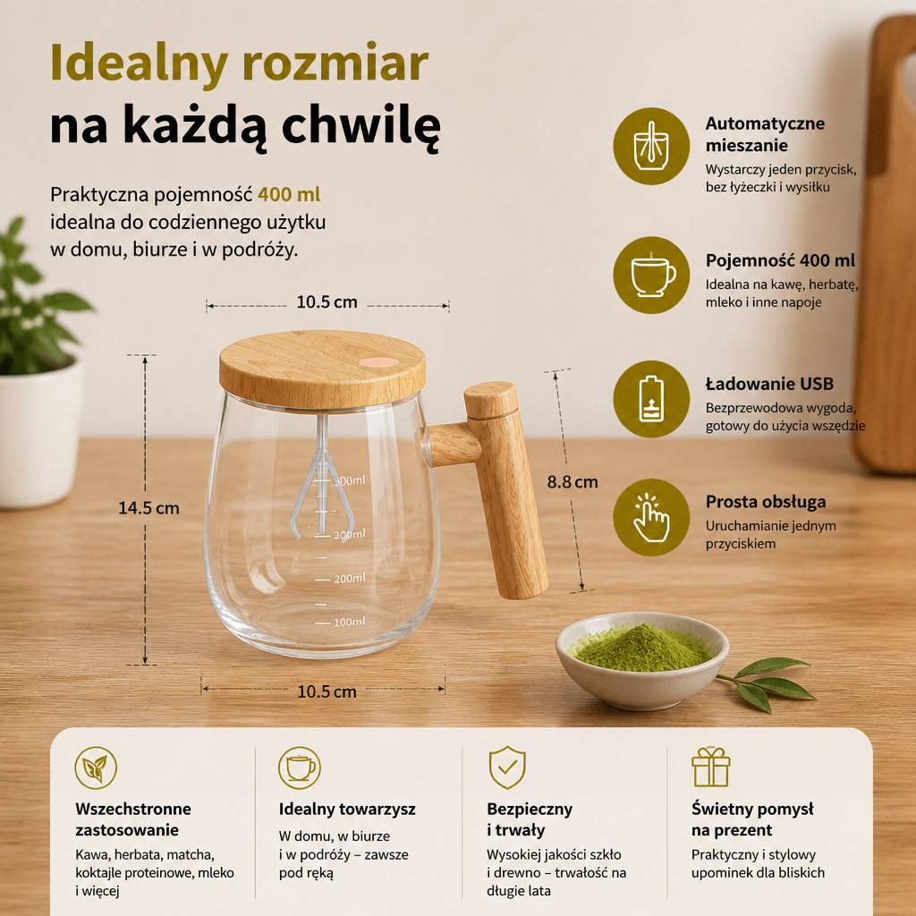 W pełni automatyczny elektryczny kubek do mieszania – Praktyczny kubek do łatwego i równomiernego mieszania napojów i mikstur