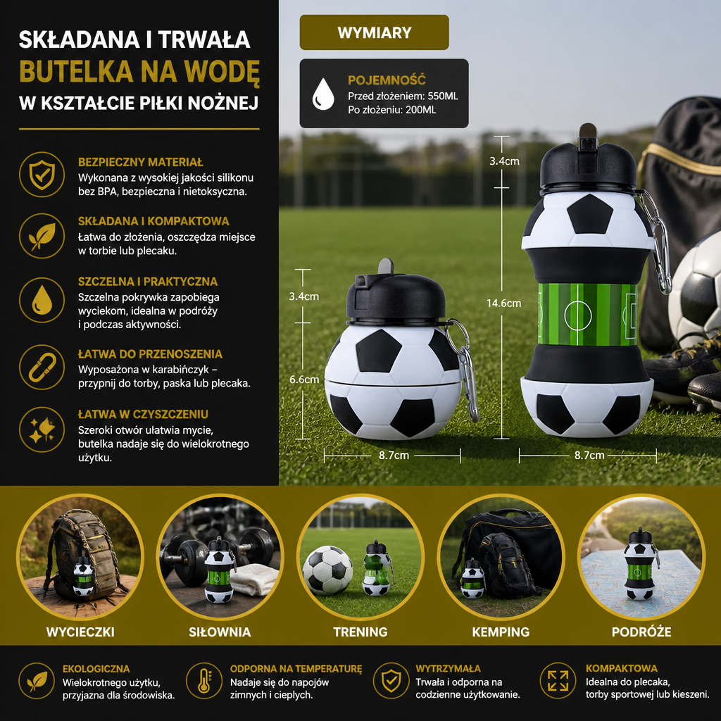 Foldable & Durable Silicone Football Water Bottle