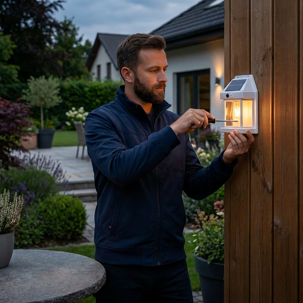 Solarna lampa ścienna LED – wodoodporna lampa zewnętrzna z czujnikiem światła do ogrodu, podwórka i ogrodzenia (2 sztuki)