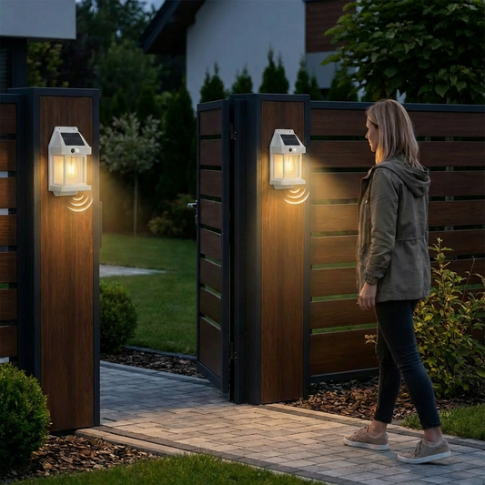 Solarna lampa ścienna LED – wodoodporna lampa zewnętrzna z czujnikiem światła do ogrodu, podwórka i ogrodzenia (2 sztuki)