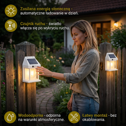 Solarna lampa ścienna LED – wodoodporna lampa zewnętrzna z czujnikiem światła do ogrodu, podwórka i ogrodzenia (2 sztuki)