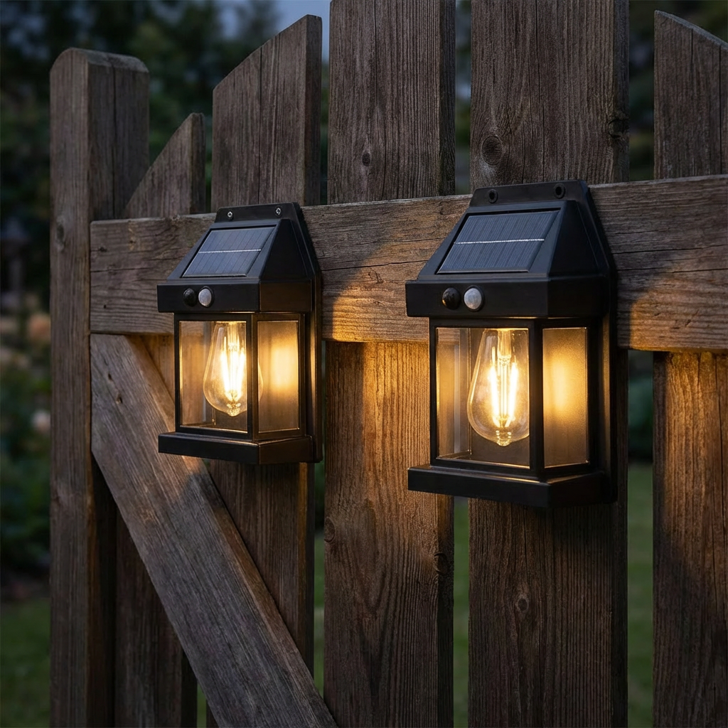 Solarna lampa ścienna LED – wodoodporna lampa zewnętrzna z czujnikiem światła do ogrodu, podwórka i ogrodzenia (2 sztuki)