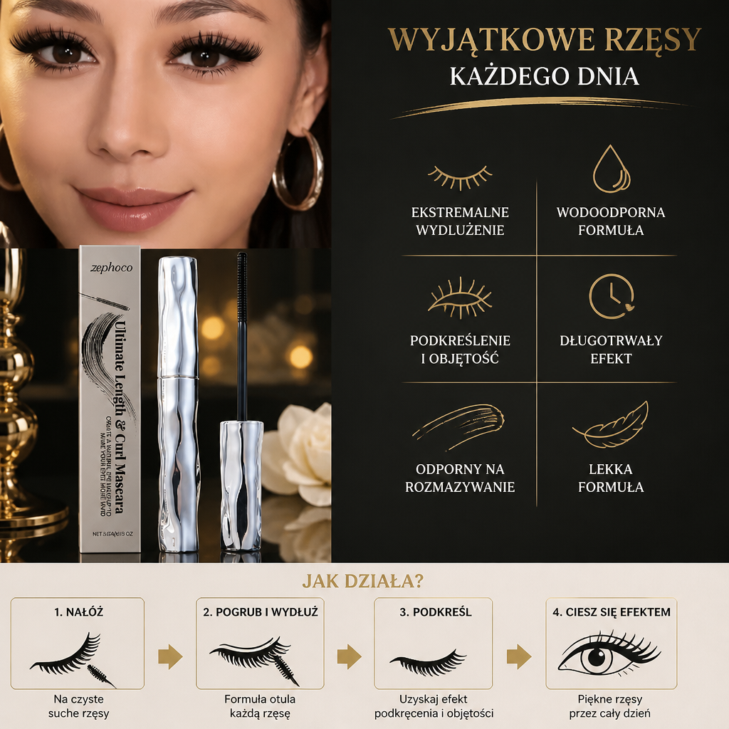 Wodoodporny Tusz Do Rzęs Dla Podkręcenia I Wydłużenia – Długotrwała, Odporna Na Rozmazywanie Formuła