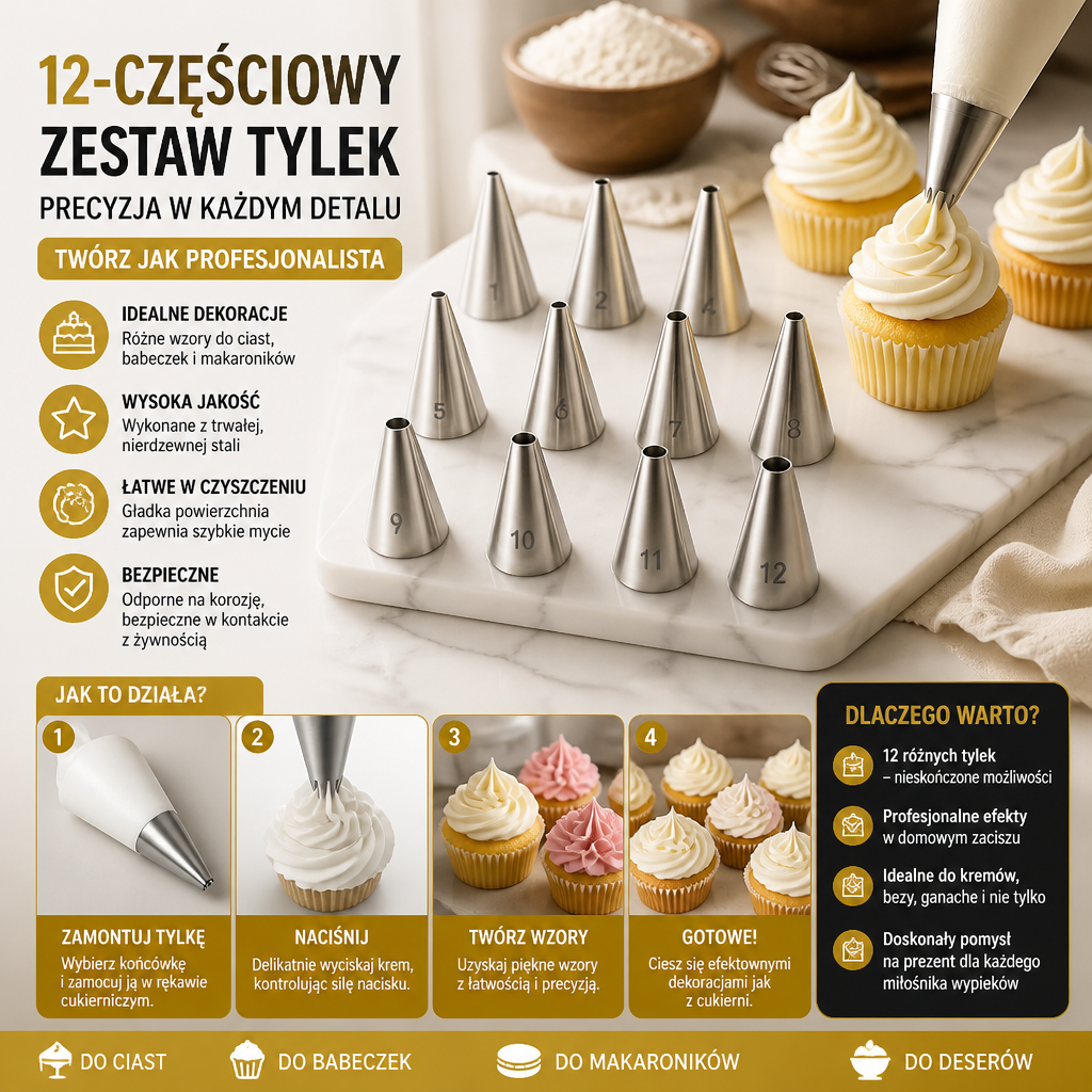 12-częściowy zestaw końcówek do dekorowania – precyzyjne zdobienie ciast, babeczek i makaroników