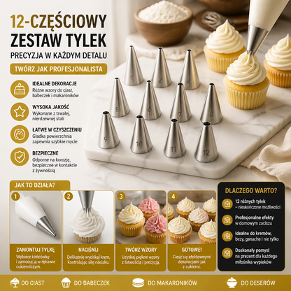 12-częściowy zestaw końcówek do dekorowania – precyzyjne zdobienie ciast, babeczek i makaroników