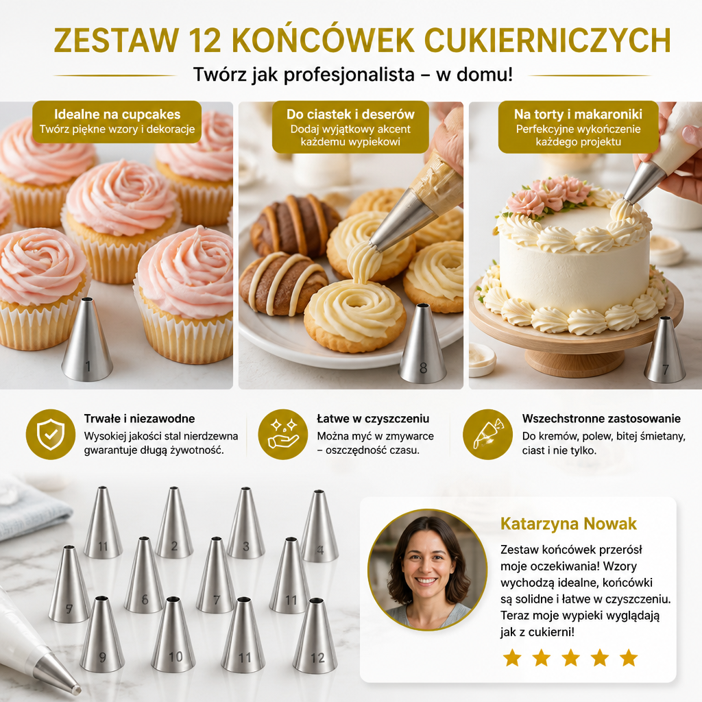 12-częściowy zestaw końcówek do dekorowania – precyzyjne zdobienie ciast, babeczek i makaroników