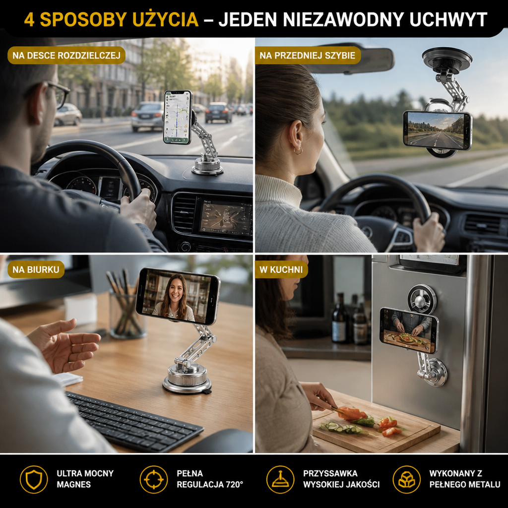 Ultrawytrzymały Magnetyczny Uchwyt Samochodowy Na Telefon Z Pełnego Metalu Z Przyssawką