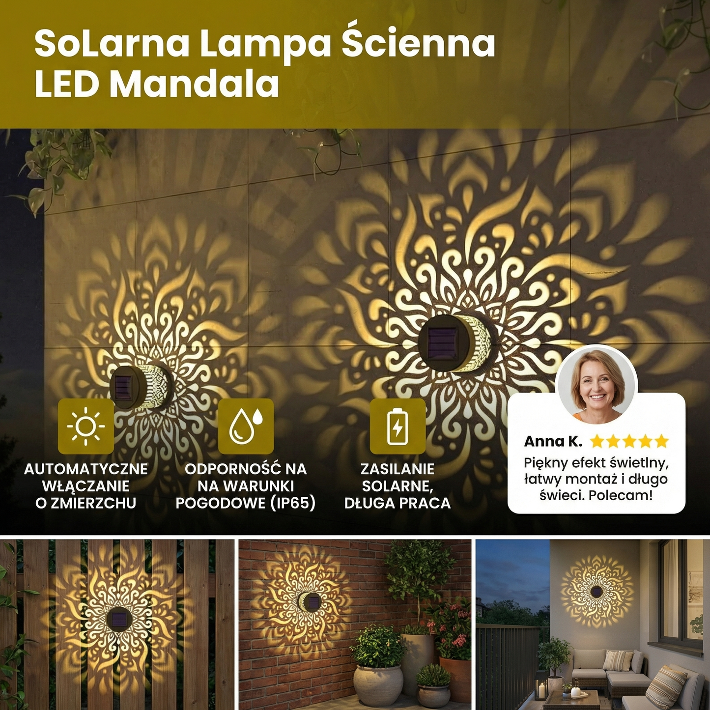 Solarna Lampa Ścienna LED Mandala – Zewnętrzne Oświetlenie Do Ogrodu, Ogrodzenia I Tarasu