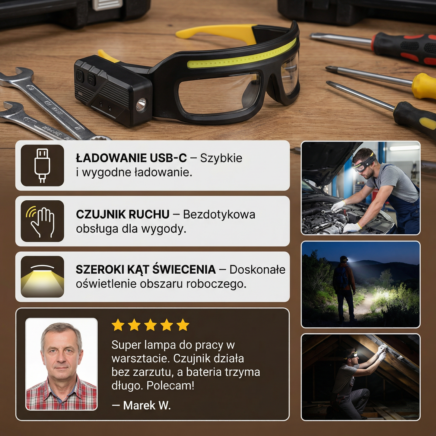 Ładowana Akumulatorowo Lampa Czołowa LED z Czujnikiem Ruchu – Lampa Robocza USB-C dla Profesjonalistów
