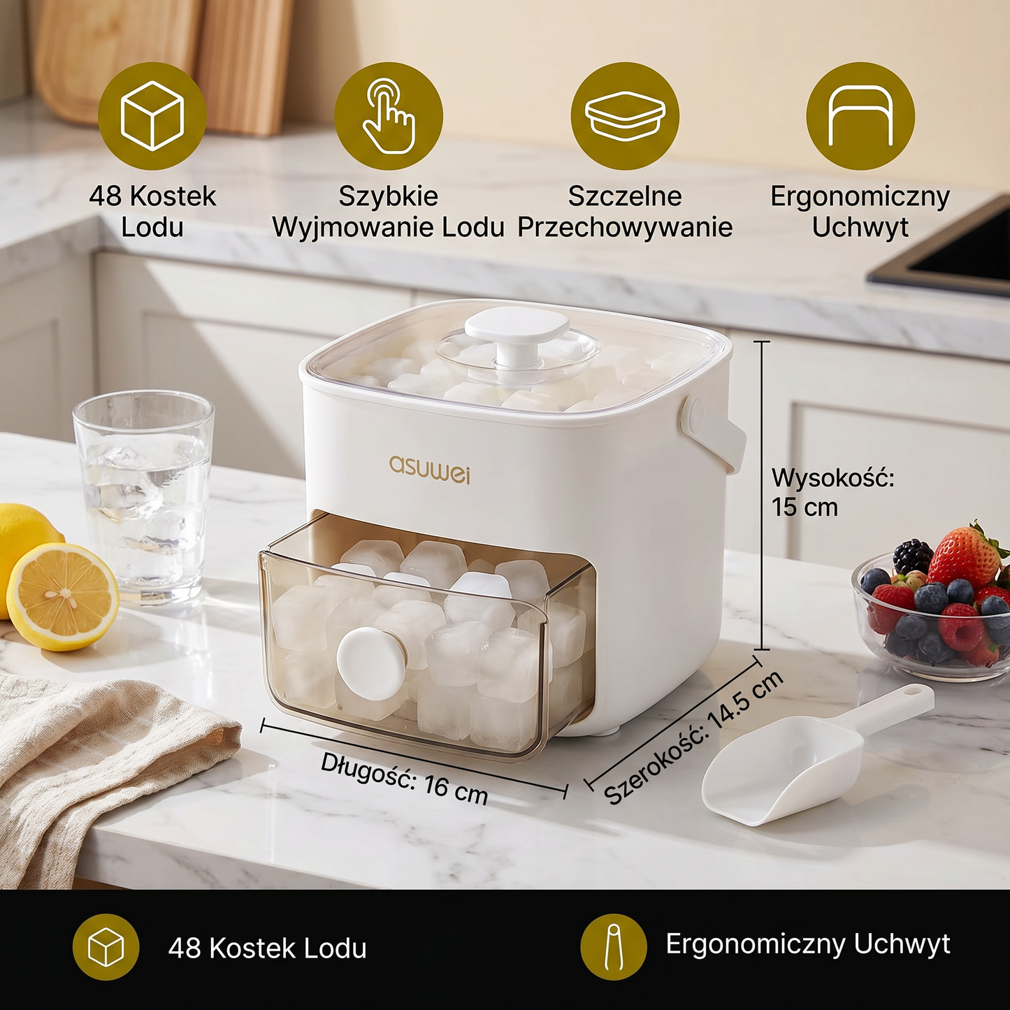 2-w-1 Foremka do Lodu z Pojemnikiem do Przechowywania – 48 Kostek Lodu, Podwójny Design