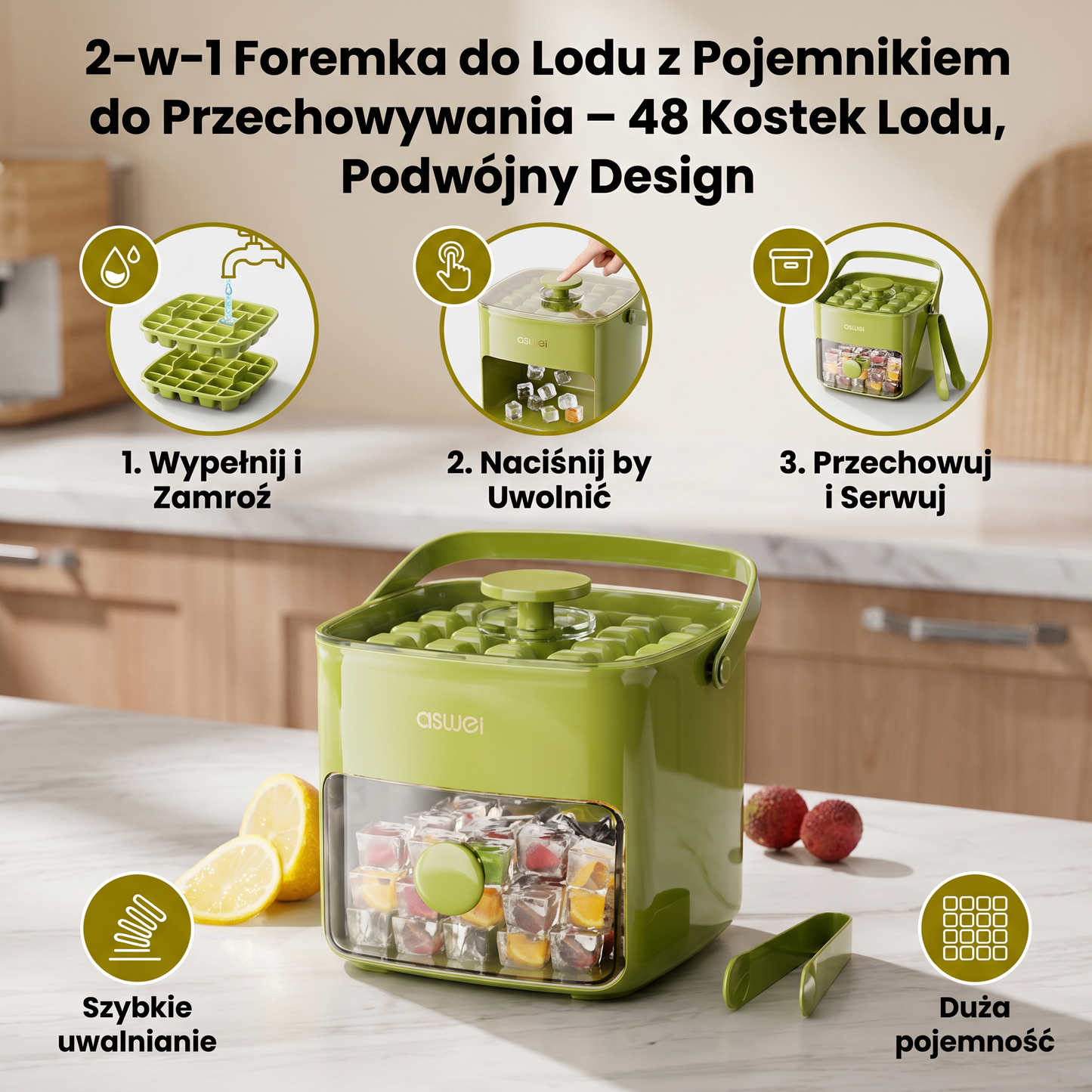 2-w-1 Foremka do Lodu z Pojemnikiem do Przechowywania – 48 Kostek Lodu, Podwójny Design