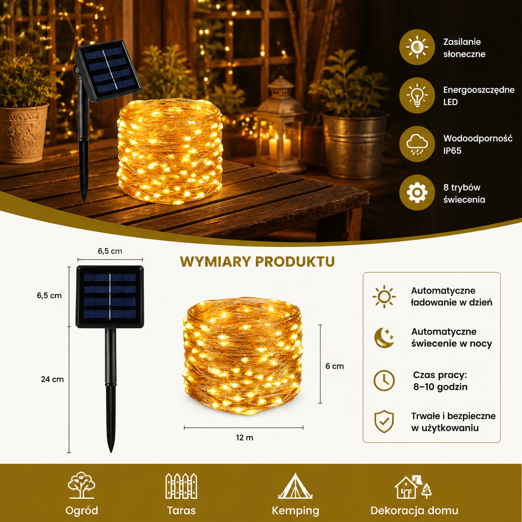 Solarny Łańcuch Świetlny Do Użytku Na Zewnątrz Z Diadami LED I 8 Trybami Świecenia