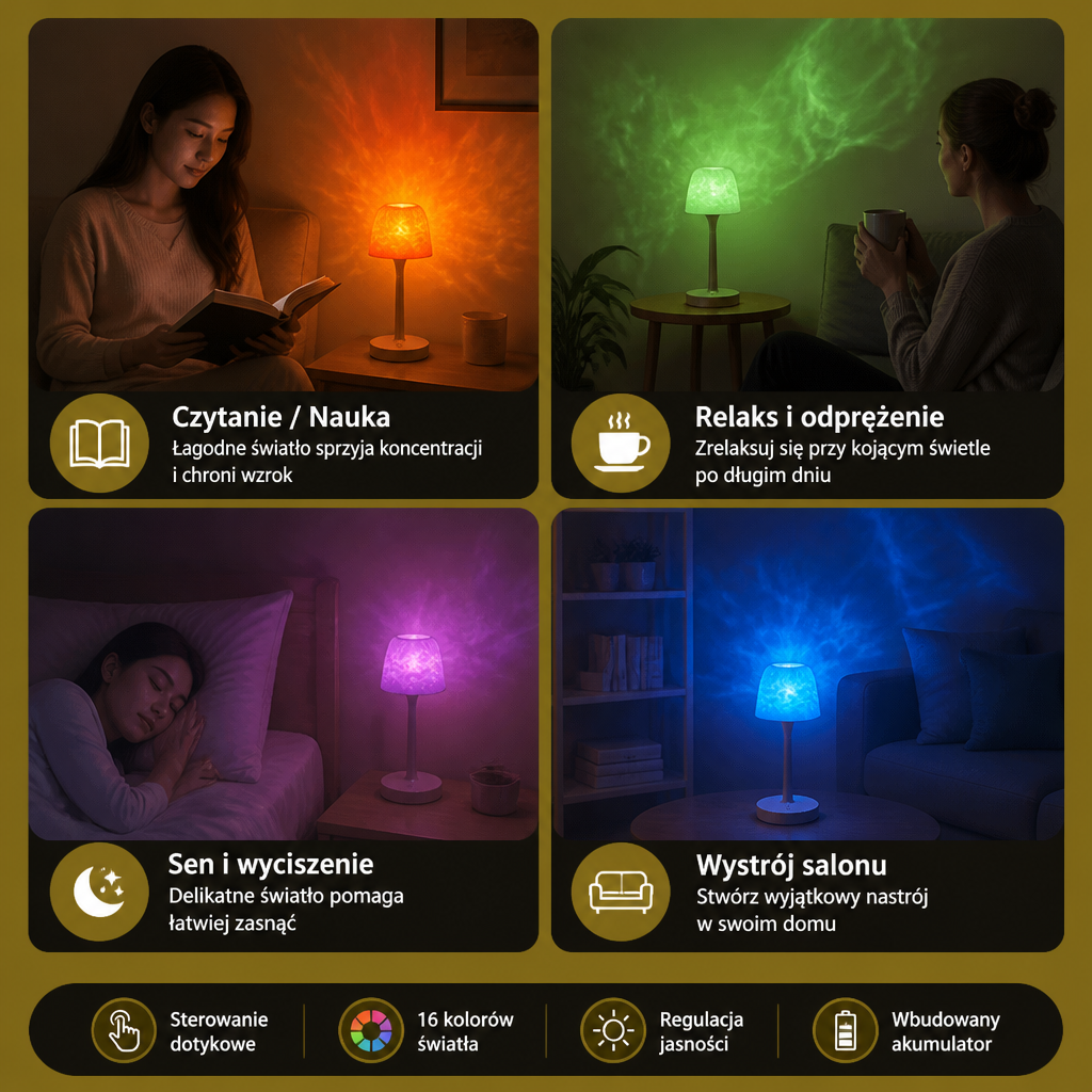 Lampka Projekcyjna LED Aurora i Fale Oceanu z Dotykowym Sterowaniem
