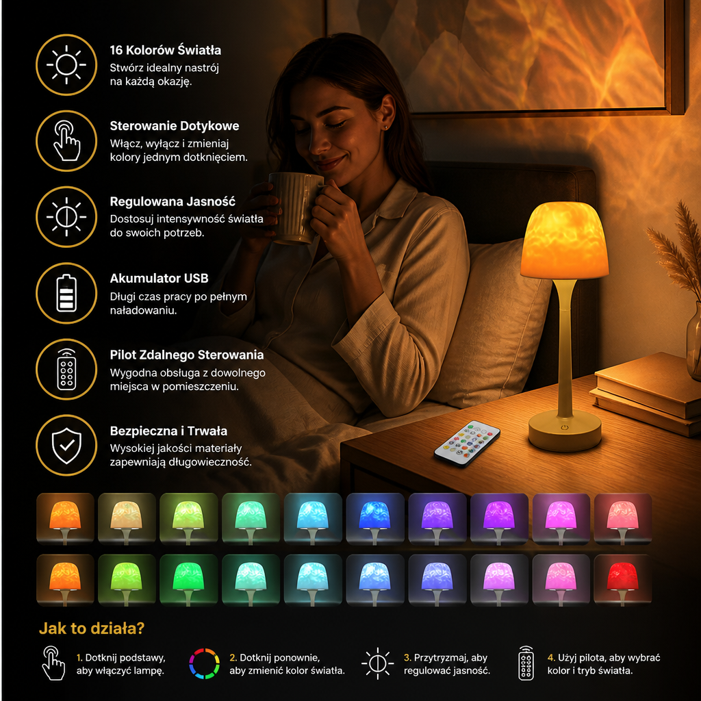 Lampka Projekcyjna LED Aurora i Fale Oceanu z Dotykowym Sterowaniem