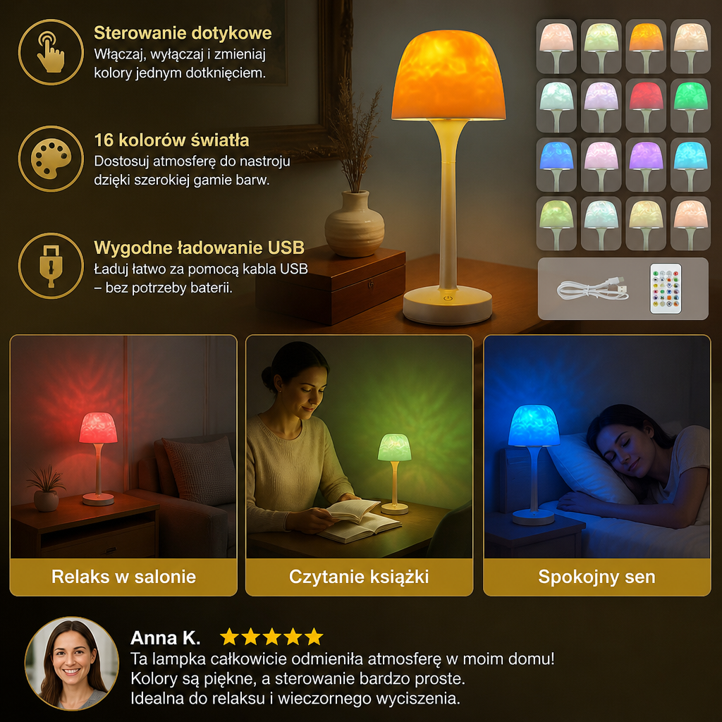 Lampka Projekcyjna LED Aurora i Fale Oceanu z Dotykowym Sterowaniem