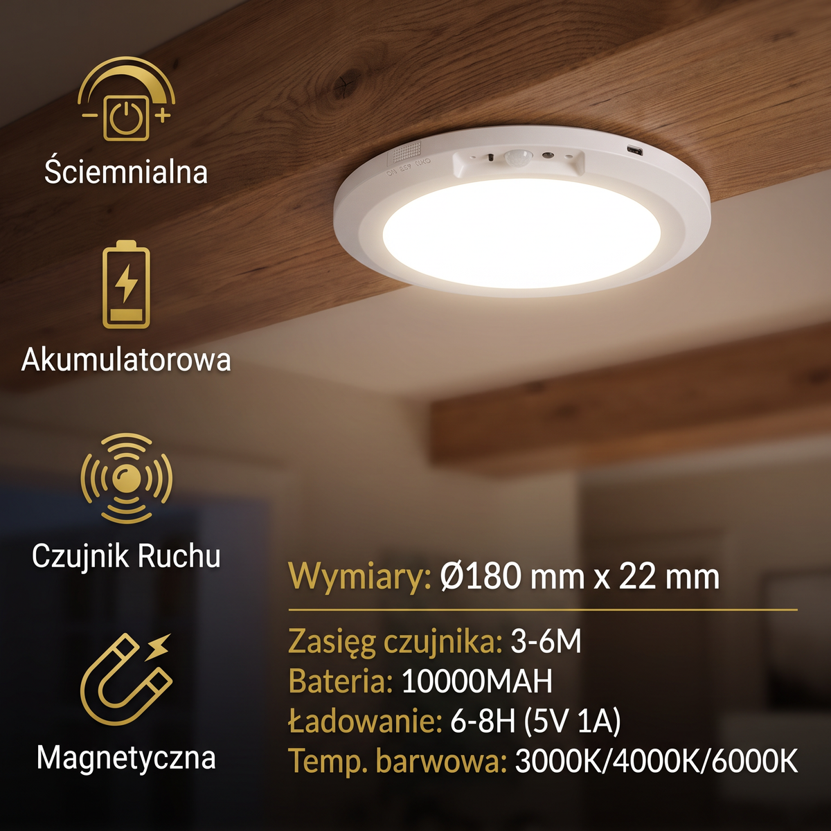 Ściemnialna Akumulatorowa Lampa Sufitowa z Czujnikiem Ruchu – Magnetyczna i Bezprzewodowa
