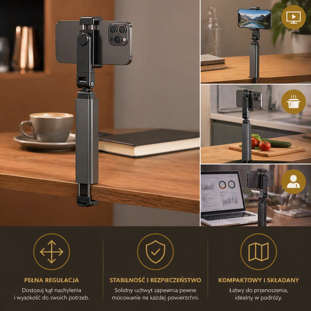 Uchwyt na Telefon Podróżny – Składany i Regulowany Stojak do Wygodnego Użytkowania w Podróży