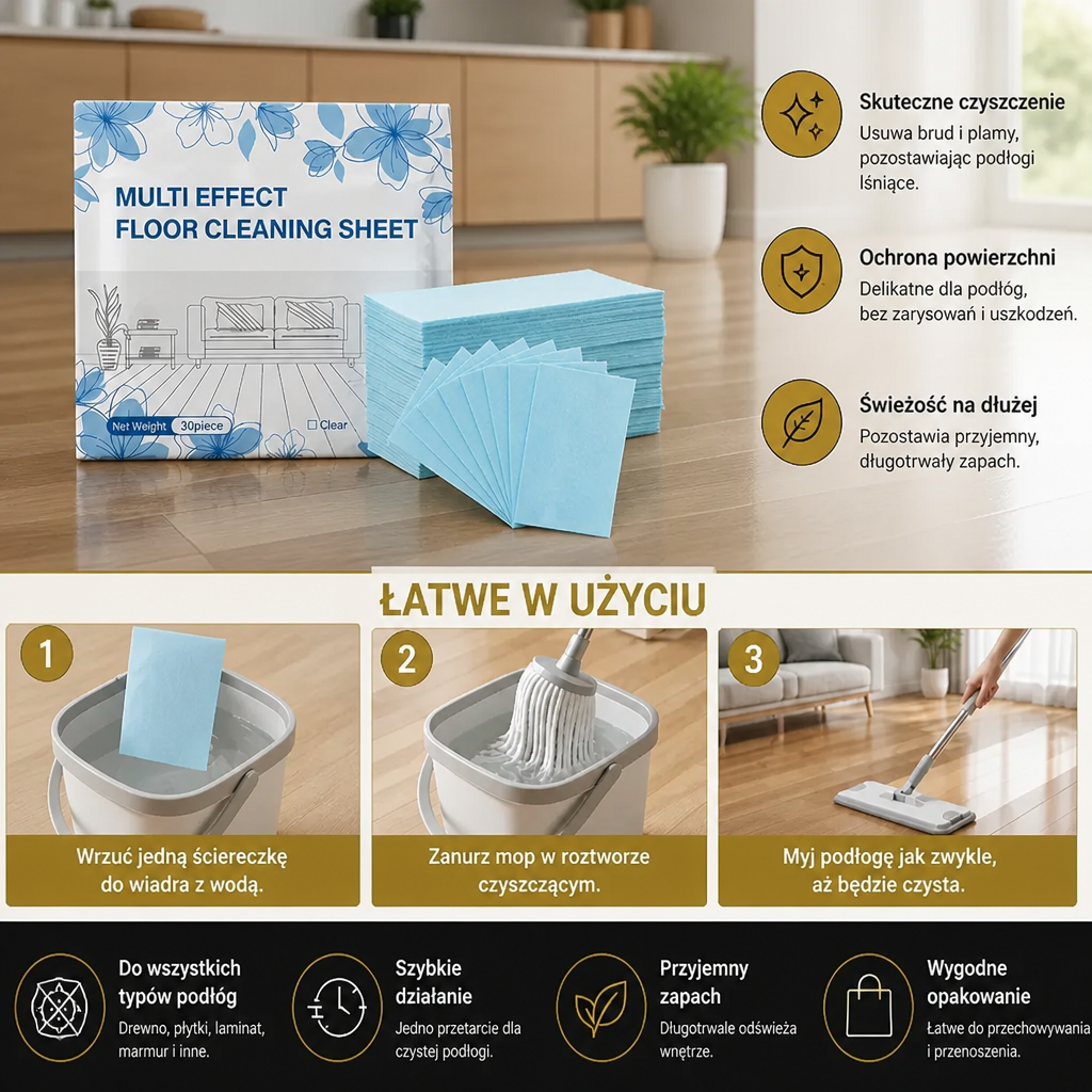 60 Sztuk Uniwersalnych Chusteczek do Czyszczenia Podłóg z Drewna, Płytek i Paneli Laminowanych