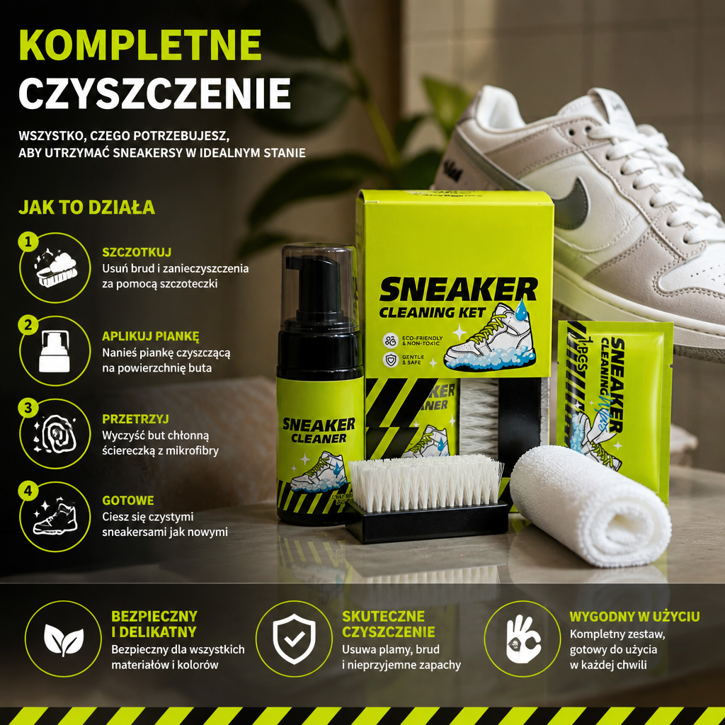 Zestaw do kompleksowego czyszczenia i pielęgnacji obuwia ze szczotkami, środkiem do czyszczenia na sucho i chusteczkami do usuwania plam