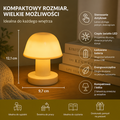 Miniaturowa Ładowalna Lampka Stołowa LED w Kształcie Grzybka z Dotykowym Sterowaniem