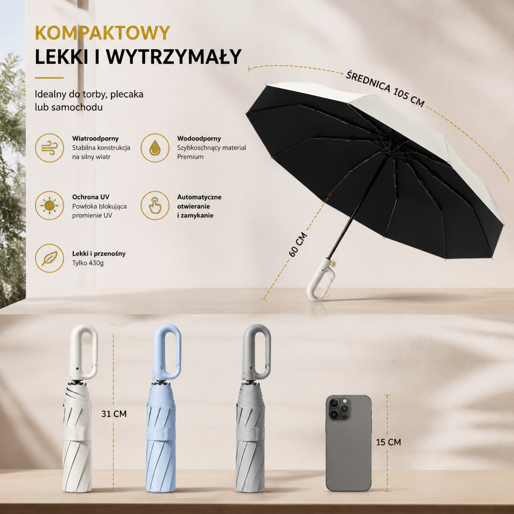 Premiumowy Automatyczny Parasol Składany na Słońce i Deszcz – Kompaktowy i Wiatroodporny