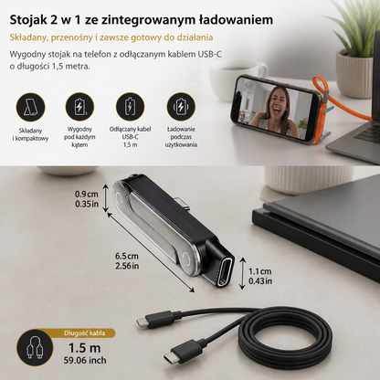 Wytrzymały i składany stojak na telefon 2 w 1 z odłączanym kablem USB-C do ładowania