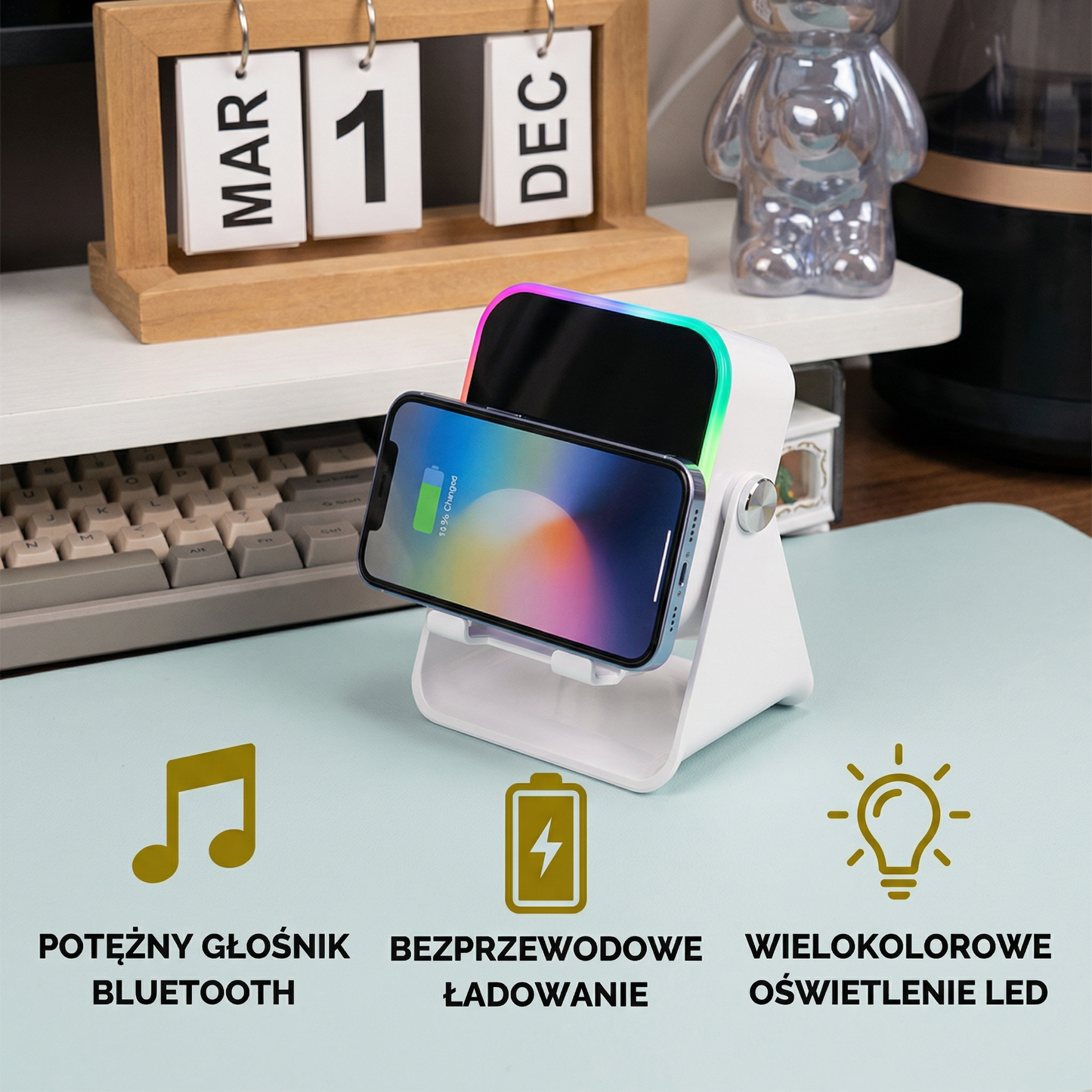 Głośnik Bluetooth wielofunkcyjny – Z oświetleniem, funkcją ładowania bezprzewodowego i regulowanym uchwytem na telefon
