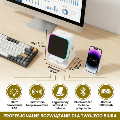 Głośnik Bluetooth wielofunkcyjny – Z oświetleniem, funkcją ładowania bezprzewodowego i regulowanym uchwytem na telefon