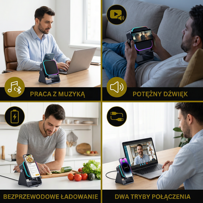 Głośnik Bluetooth wielofunkcyjny – Z oświetleniem, funkcją ładowania bezprzewodowego i regulowanym uchwytem na telefon